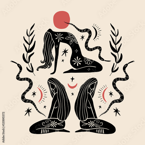 Goddess of snakes. Queen or princess. Kundalini symbol. Woman with snake clipart. Blackwork tattoo art, coloring. Hand drawn vector illustration.