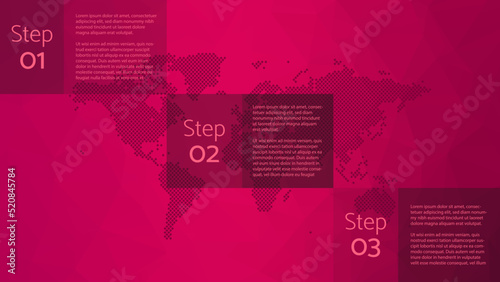 Vector infographic elements for business, presentation, web design, landing page, template, sample text. 1 2 3 steps, world map icon, ow poly background