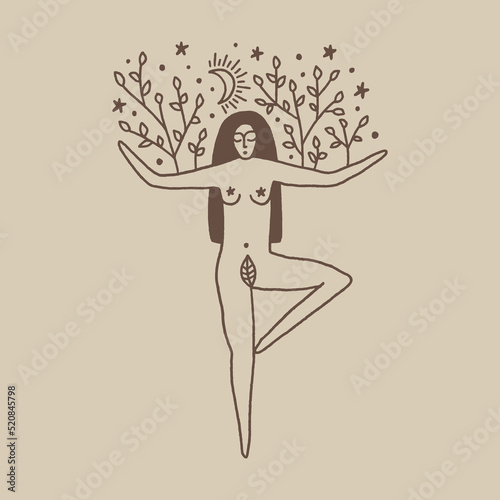 Divine plant tree growth Vrksansana yoga pose body woman illustration. Mother Earth, wellness, ecology growth feminine concept.