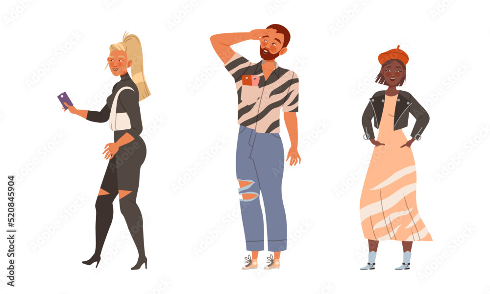 Obraz premium Young Man and Woman in Casual Wear Waiting or Standing in Queue or in Line for Nightclub Vector Set
