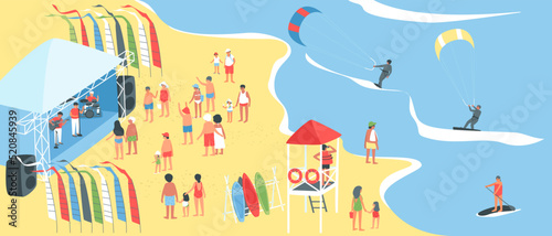 Fototapeta Naklejka Na Ścianę i Meble -  People who are kite surfers. A lifeguard on a tower near the sea watches the surfers floating on the water. People are resting on the seashore. Flat vector illustration