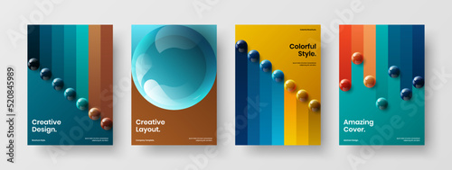 Abstract realistic spheres company identity template collection. Creative pamphlet A4 design vector illustration bundle.