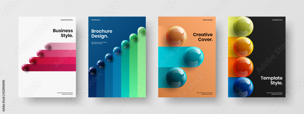 Creative corporate brochure A4 vector design template set. Modern realistic balls leaflet layout composition.