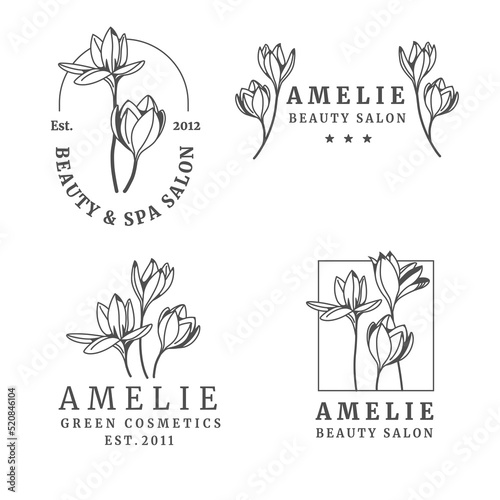 Set of women logos with crocus flower. Minimal linear style. Vector floral emblem and icon for beauty salon, spa, bridal boutiques, photographers, fashion shop, flower shop. Vector flat illustration.
