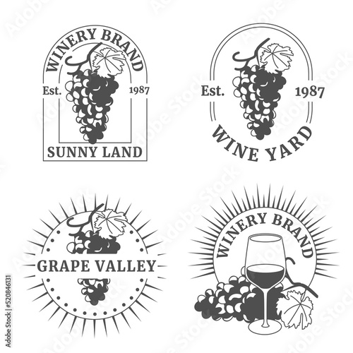 Winery logos set. Craft wine retro signs or badges with bunch of grape vines wine mug and decorative elements. Vector labels or badges. flat illustration