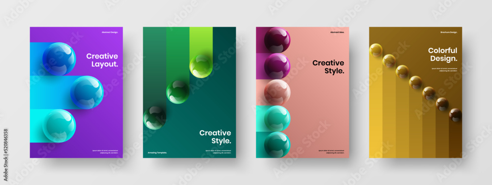 Fresh company brochure design vector illustration composition. Abstract realistic spheres banner layout collection.