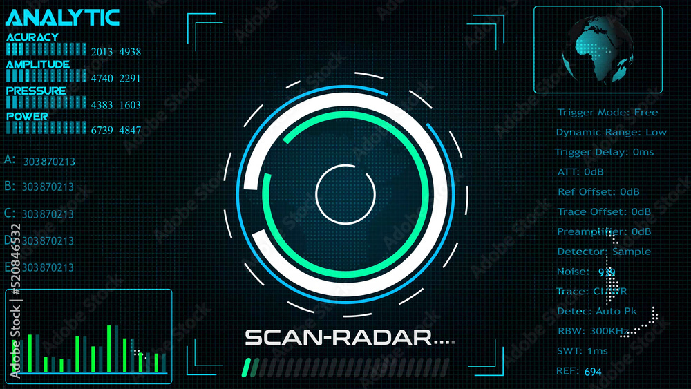 abstract colorful HUD radar animation on black background. Radar Screen
