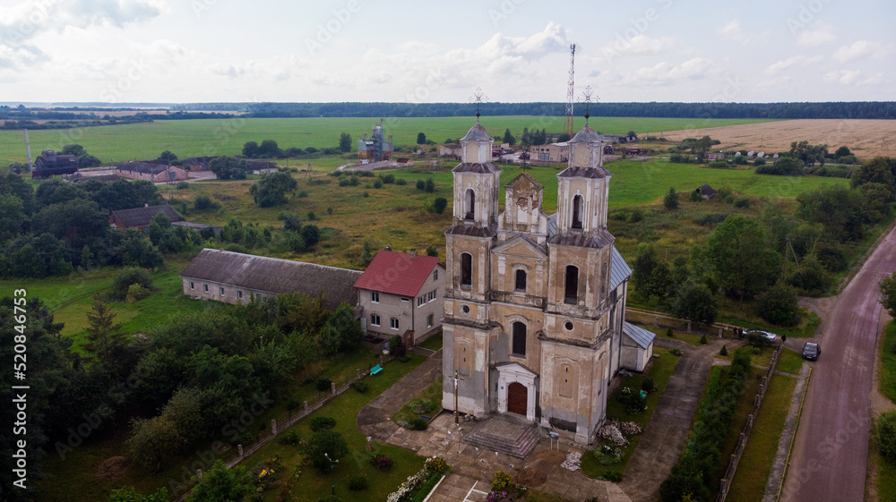 Church of the Transfiguration of the Lord in Germanovichi, Belarus. A monument of architecture in the style of the Vilna Baroque. Aerial view.