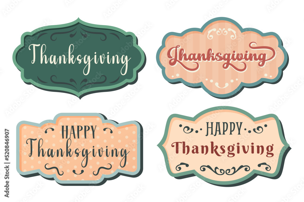 Collection of different vintage frames with lettering isolated. Set of thanksgiving greeting text. Thanksgiving background. Invitation card design. Vector cartoon illustration for banner, poster, card