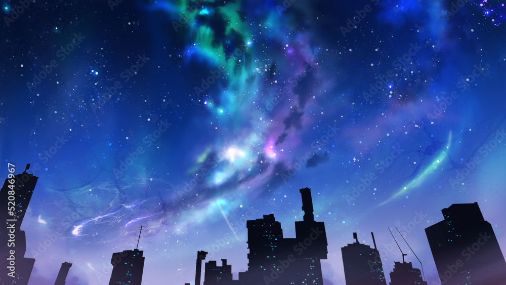 Obraz premium night city light under the starlight and aurora anime wallpaper high definition