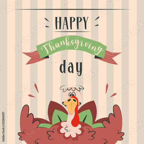 Thanksgiving turkey. Happy cute funny character invites for thanksgiving dinner.  Holiday traditional background. Vector cartoon illustration for banner, poster, greeting card