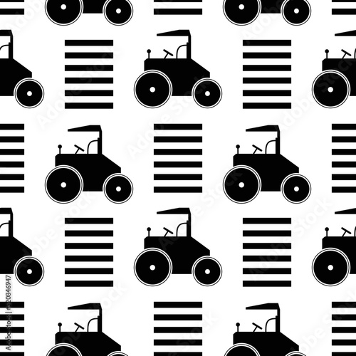 Seamless pattern with asphalt paver and road markings. Compactor roller for road construction. Road construction symbol. Texture for printing backgrounds on textiles or wallpapers.