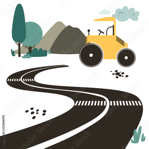 Highway with road markings. Compactor roller for road construction. Road construction symbol. Asphalt paver in front of a landscape with trees and road construction materials.
