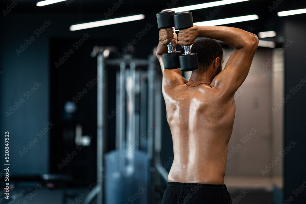 Shirtless Muscular Black Man Training With Two Dumbbells At Gym, Rear ...