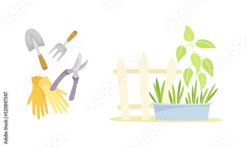 Gardening with Gloves, Handy Tools, Seedling in Pot and Fence as Plant Cultivation and Agriculture Vector Set