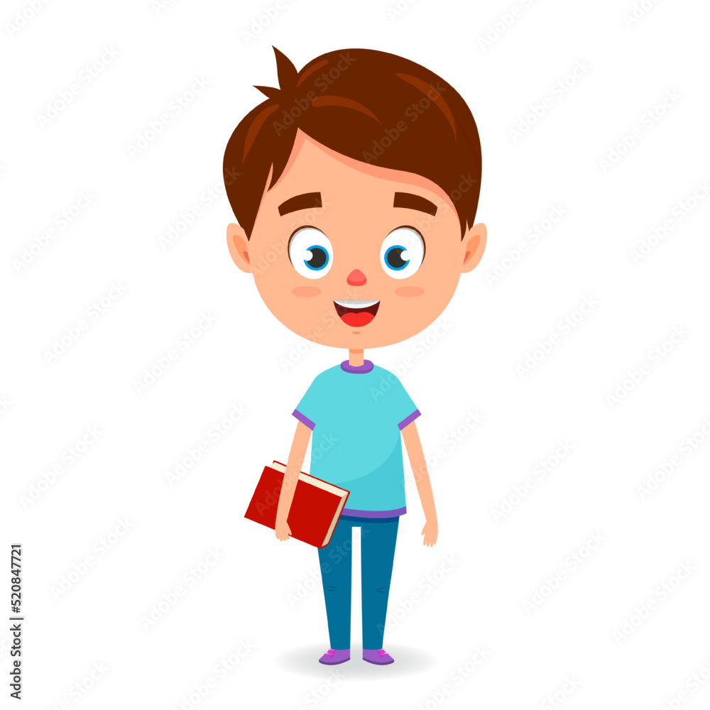 Schoolboy with red book. School time. Cute vector cartoon character for books, banners, certificate.