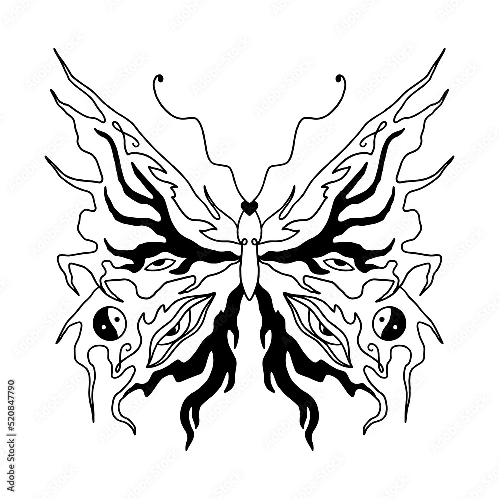 Obraz premium Hippie bohemian groovy funky butterfly in 1960s boho psychedelic style. Perfect for tattoo, T-shirt, music album cover, coloring page and more. Vector clipart illustration.