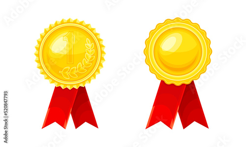 Golden Award or Distinction with Red Ribbon as Token of Recognition of Excellence Vector Set