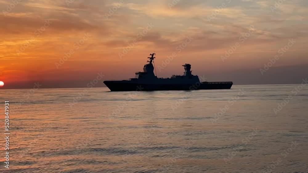 Navy warship in the sea at sunset
Israel Idf navy warship Sa'ar 6 patrol in Mediterranean, secures Tamar gas rig from Potential Lebanon Attack, 2022
Navy warship in the sea at sunset
Israel Idf navy warship Sa'ar 6 patrol in Mediterranean, secures Tamar gas rig from Potential Lebanon Attack, 2022