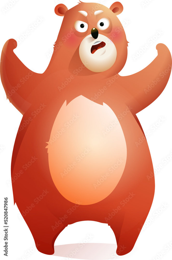 Obraz premium Comic angry teddy bear for kids. Cute furious bear animal character for children. Hilarious comic vector illustration for kids.