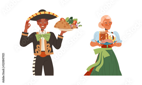 Gastronomic Tourism with Mexican Man and Bavarian Woman Holding Authentic Served Dish Vector Set