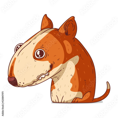 A Bull Terrier, isolated vector illustration. Cute cartoon picture for children of a kind smiling dog. Drawn dog sticker. Simple drawing of a genial bullterrier on white background. A pet. A puppy.
