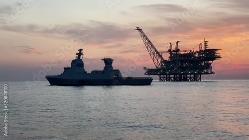 IDF Navy warship Patrolling close to gas rig, Mediterranean, Israel
Israel Idf navy warship Sa'ar 6 patrol in Mediterranean, secures Tamar gas rig from Potential Lebanon Attack, 2022 
 photo