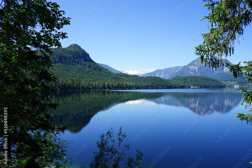 A spectacular view of the Altausseer lake surrounded by the mountains in Austria 