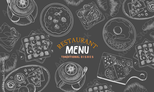 Restaurant dishes, cafe menu. Vintage sketch-style background on a blackboard