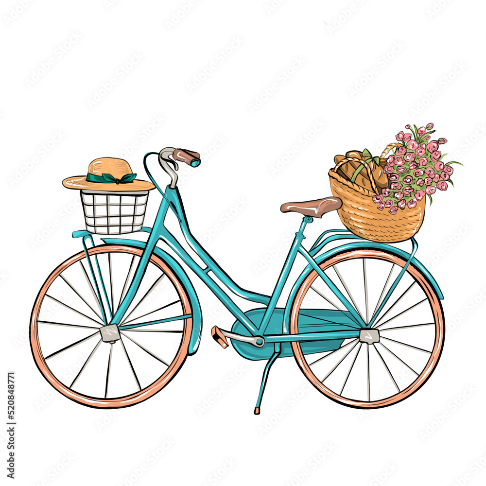 Illustration of blue urban city bicycle with flower basket. Feminine and vintage. 