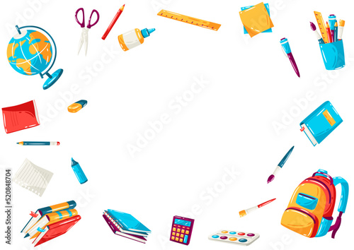School frame with education items. Illustration of supplies and stationery.