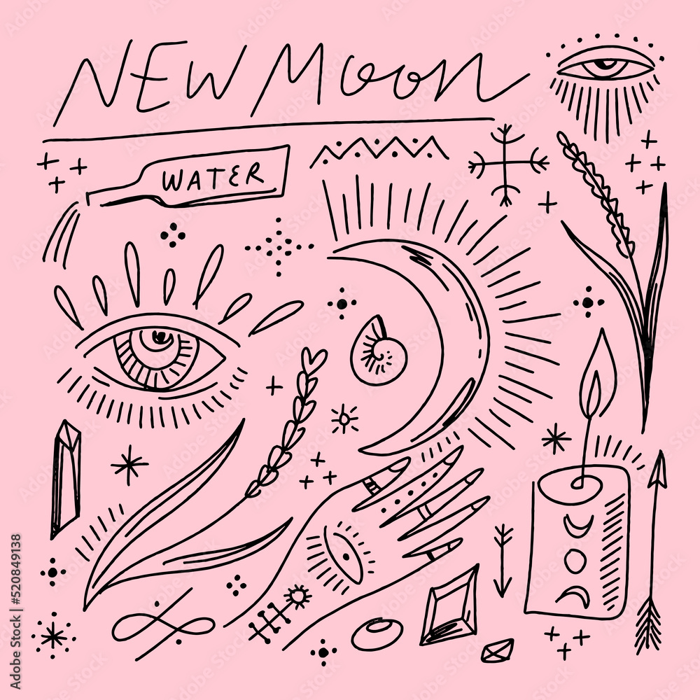 Modern witch diary concept. Girl new moon phase magic ritual. Female witchy hand drawn doodles, herbs, lavender, candles and crystals, journaling manifestation, self care cycle. Woman power, healing Modern witch diary concept. Girl new moon phase magic ritual. Female witchy hand drawn doodles, herbs, lavender, candles and crystals, journaling manifestation, self care cycle. Woman power, healing