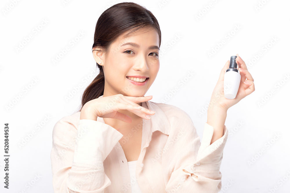 Happy beautiful young asian woman clean fresh bare skin concept. Asian girl beauty face skincare and health wellness, Facial treatment, Perfect skin, Natural make up. Isolated on white background. Happy beautiful young asian woman clean fresh bare skin concept. Asian girl beauty face skincare and health wellness, Facial treatment, Perfect skin, Natural make up. Isolated on white background.