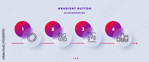 Statistical infographic set icon. Diagram, donut chart, bar, arrows, growth, decline, statistics, data analisys, working analytics. Business concept. Glassmorphism. Vector line icon for Business