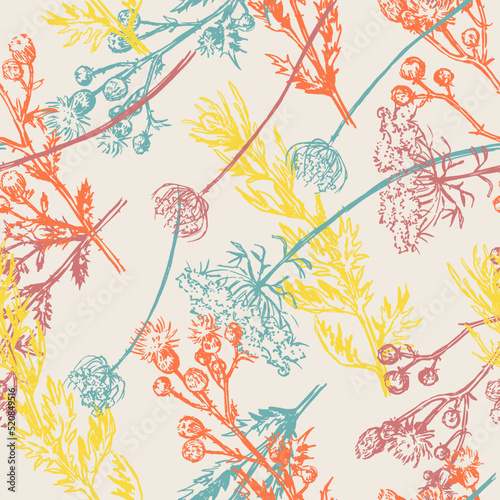 Wild plants abstract ornament. Hand drawn vector seamless pattern. Floral ornament in retro sketch style. Vintage botanical design for background, decor.
