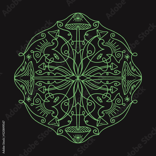 Magic mushroom mandala. Vector illustration. Cosmogony trippy psychedelic lucidity concept. Hippie party, rave trance music festival. Distressed groovy funky style. Esoteric art print clipart.