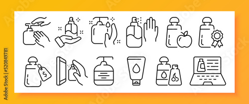 Hand hygiene set icon. Antibacterial soap, antiseptic spray, drop, water, splash, apple, quality mark, price tag, dollar, cleanser, detergent. Personal care concept. Vector line icon for Business