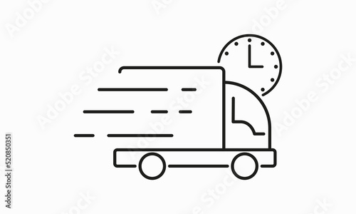 Fast shipping line icon. Logistics, truck, clock, time, watch, courier, deliver parcel, customer, purchase, buy, client, drive, car. Delivery concept. Vector line icon for Business and Advertising