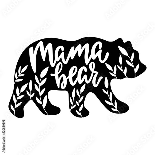 Mama bear silhouette with leaves. Kids poster for nursery. Mothers Day card.