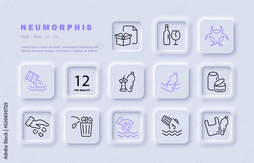 Garbage set icon. Throw away, trash can, paper, box, bottle, glass, chemical wastes, pollute the water, plastic, bag, clean environment. Ecology concept. Neomorphism. Vector line icon for Business