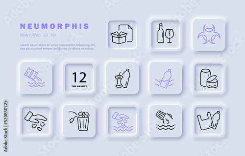 Garbage set icon. Throw away, trash can, paper, box, bottle, glass, chemical wastes, pollute the water, plastic, bag, clean environment. Ecology concept. Neomorphism. Vector line icon for Business