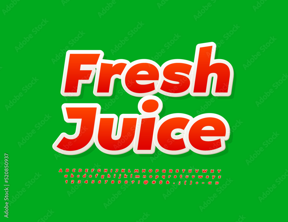 Vector advertising emblem Fresh Juice. Red bright Font. Modern set of Alphabet Letters, Numbers and Symbols
