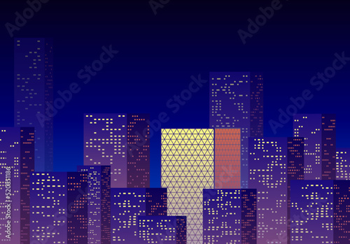 Neon night in the business city with skyscrapers. Purple highrise cityscape background in 80s style with neon lights in the windows.