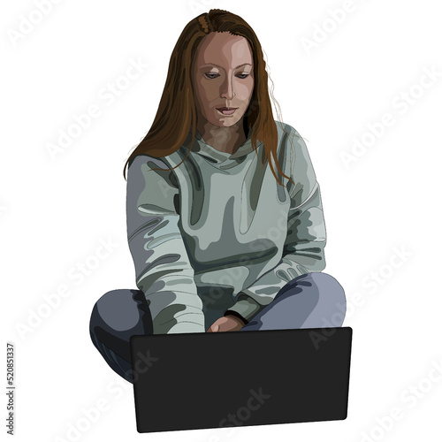 Art portrait of young woman using laptop. Female with light brown hair, wearing hoodie and jeans, sitting with crossed legs. Vector illustration isolated on white background.
