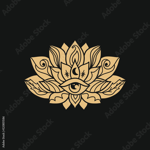 Ornamental  lotus flower pattern with third eye. Decoration in oriental, Indian style.