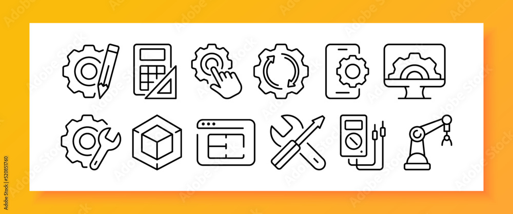 Gears in technology set icon. Pencil, calculator, ruler, configuration, building, phone settings, wrench, 3d, website, screwdriver, electrical appliance, crane. Construction concept. Vector line icon