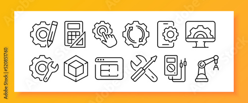 Gears in technology set icon. Pencil, calculator, ruler, configuration, building, phone settings, wrench, 3d, website, screwdriver, electrical appliance, crane. Construction concept. Vector line icon