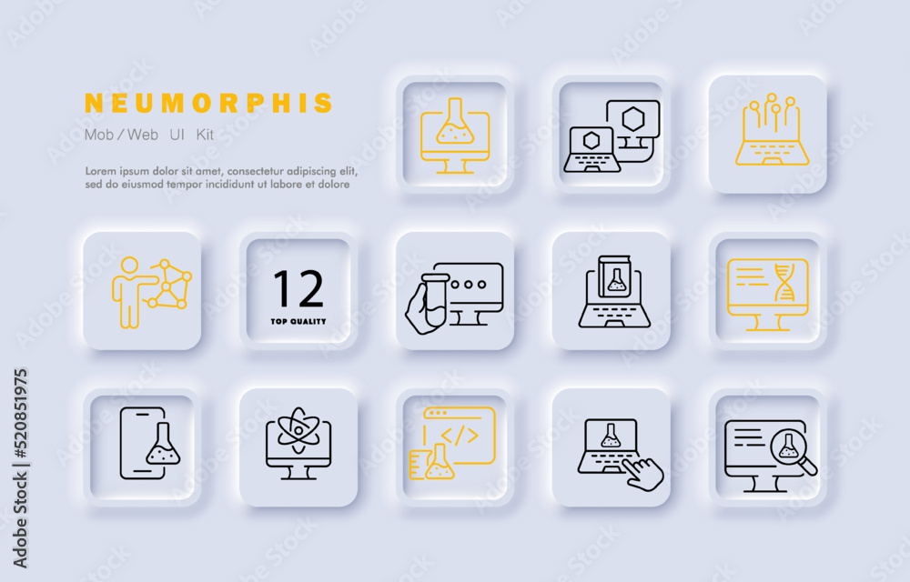 Chemistry set icon. Laboratory, computer, atom, phone, neural network, formula, book, dna, genetics, molecule, hexagon, website, magnifier, research. Science concept. Neomorphism. Vector line icon Chemistry set icon. Laboratory, computer, atom, phone, neural network, formula, book, dna, genetics, molecule, hexagon, website, magnifier, research. Science concept. Neomorphism. Vector line icon