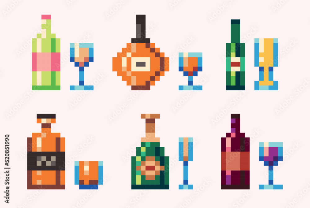 Alcohol beverages pixel art set. Wine, whiskey, beer, rum, champagne bottles and glass collection. 8 bit sprite. Game development, mobile app. Isolated vector illustration. Alcohol beverages pixel art set. Wine, whiskey, beer, rum, champagne bottles and glass collection. 8 bit sprite. Game development, mobile app. Isolated vector illustration.
