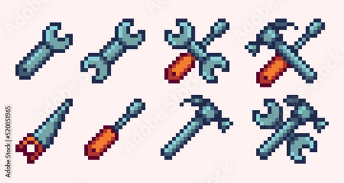 Mechanical tools pixel art set. Wrench, screwdriver, hammer, saw collection. 8 bit sprite. Game development, mobile app.  Isolated vector illustration.
